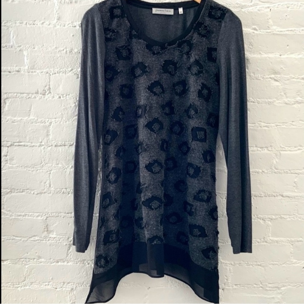 Patrizia Luca Artsy Burnout Tunic Top Black Gray Sheer Hem Boho Fairy Size M